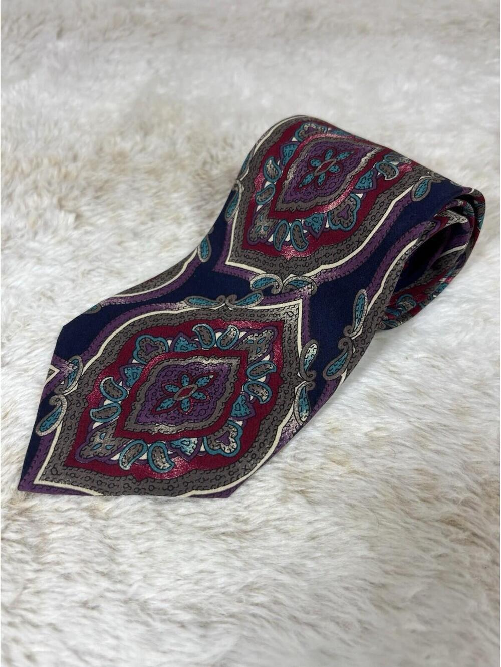 Italian Silk Tie Medallion Paisley Geometric Navy Purple Handmade Italy